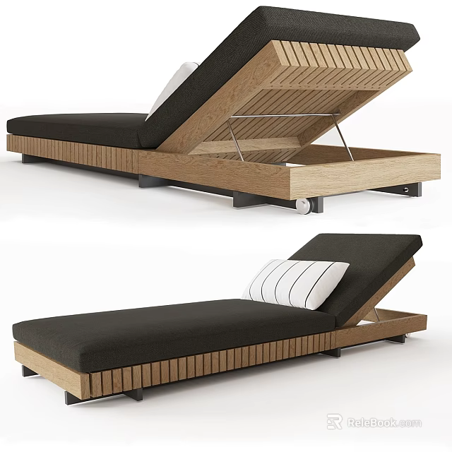 Wooden Sofa Bench With Black Cushion Adjustable Backrest And Striped Pillow 3d model 