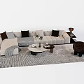 Beige Sectional Sofa Coffee Table Combination With Plush Cushions And Patterned Rug 3d model