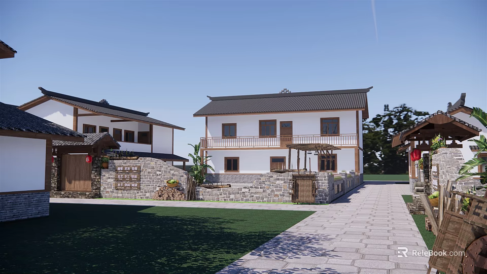 Rural Self built House With Two Story White Exterior Black Roof And Stone Wall 3d model 