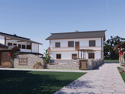 Rural Self built House With Two Story White Exterior Black Roof And Stone Wall 3d model