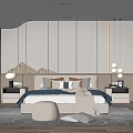 Modern Luxury Bedroom Interior Featuring Gray Walls Bedhead Hanging Lights Nightstands Rug And Window View
