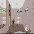 Modern Bubble Tea Shop Interior With Herringbone Wooden Floor Hanging Lights Pink Counter And Cactus Plants