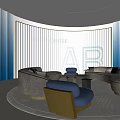 Health Center Lounge Area Modern Circular Layout With Blue Beige Sofas And Glass Partitions
