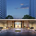 Grand Gate Plaza Entrance With High Rise Buildings Evening Sky Trees Lawn And Lighting
