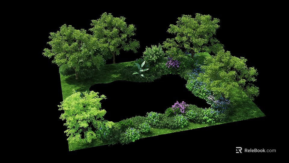 Lush Garden Landscape With Green Trees Shrubs Colorful Flowers And Foliage 3d model 