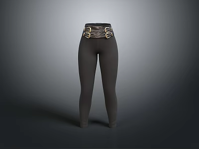 Black Leggings With Brown Belt And Gold Buckles High Waist Design For Daily Use 3d model