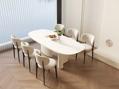 Modern White Oval Dining Table Set With Six Chairs And Wooden Floor 3d model
