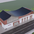 Modern Traditional Tourist Center With Curved Roof Large Glass Windows And Red White Exterior