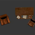 Brown Wooden Desk with Drawers and Cabinet and Two Leather Chairs in Classic Furniture Set