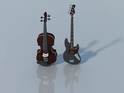 Acoustic Violin and Electric Bass Guitar on Shiny Reflective Surface 3d model