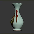 Artistic Light Blue Sculpture Carving Vase With Red Handles And Painted Design