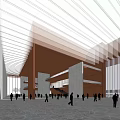 Modern Cultural Center With Red Facade Plaza People Trees And Pool