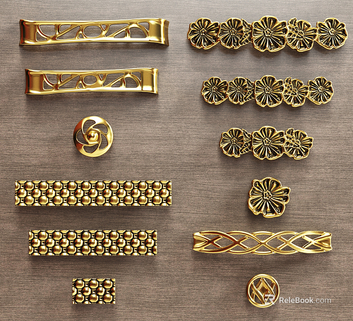 Golden Metal Drawer Pulls With Various Decorative Patterns And Shapes For Cabinets 3d model 