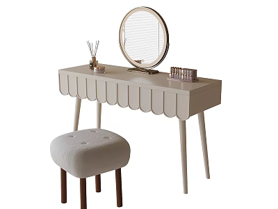 Light Beige Dressing Table With Scalloped Tabletop Round Mirror And Matching Stool 3d model