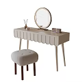 Light Beige Dressing Table With Scalloped Tabletop Round Mirror And Matching Stool 3d model