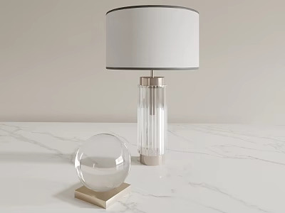 Modern Table Lamp With White Lampshade And Metal Base On Marble Tabletop With Glass Sphere 3d model