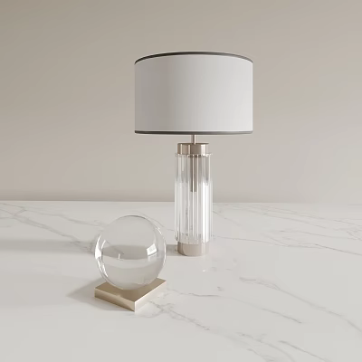 Modern Table Lamp With White Lampshade And Metal Base On Marble Tabletop With Glass Sphere 3d model