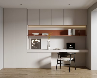 Modern Study Room Interior With White Cabinets Writing Desk Laptop And Decorative Vase 3d model