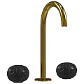 Stylish Golden Faucet With Black Knobs And Sleek Curved Spout Design