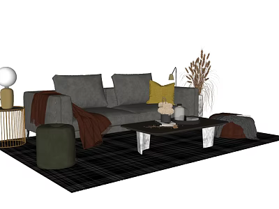 Gray Sofa Coffee Table Set with Yellow Cushion Brown Blanket Green Ottoman Black Plaid Rug 3d model