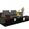 Gray Sofa Coffee Table Set with Yellow Cushion Brown Blanket Green Ottoman Black Plaid Rug