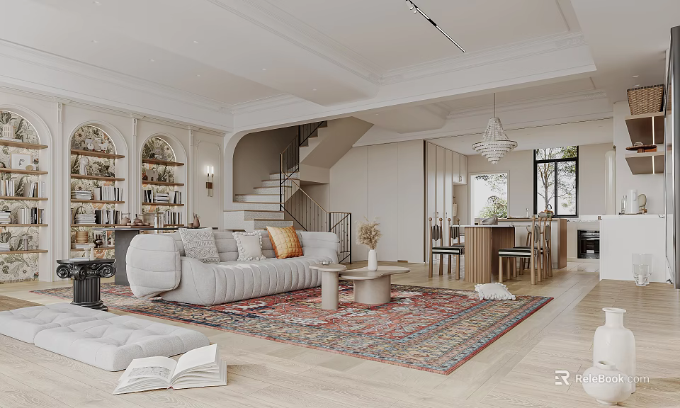 Elegant Modern Living Dining Room Interior With Plush Sofa Patterned Rug Dining Table And Chairs 3d model 