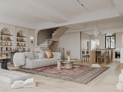 Elegant Modern Living Dining Room Interior With Plush Sofa Patterned Rug Dining Table And Chairs 3d model