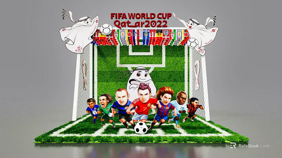 FIFA World Cup Qatar 2022 Themed Scene With Soccer Goal Grass Field And Cartoon Players 3d model 