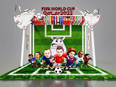 FIFA World Cup Qatar 2022 Themed Scene With Soccer Goal Grass Field And Cartoon Players 3d model