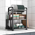 Modern Kitchen Storage Rack With Plates Bowls Spice Jars And Wooden Cabinets