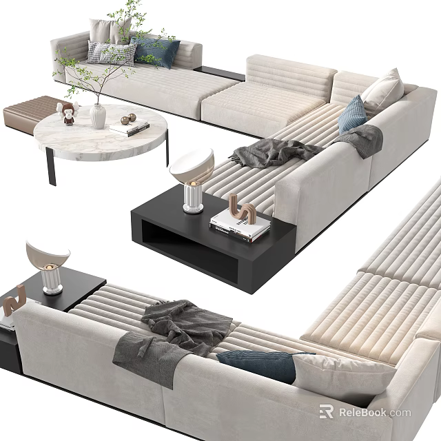 Modern Sectional Sofa With Decorative Pillows Throw Blankets And Coffee Table 3d model