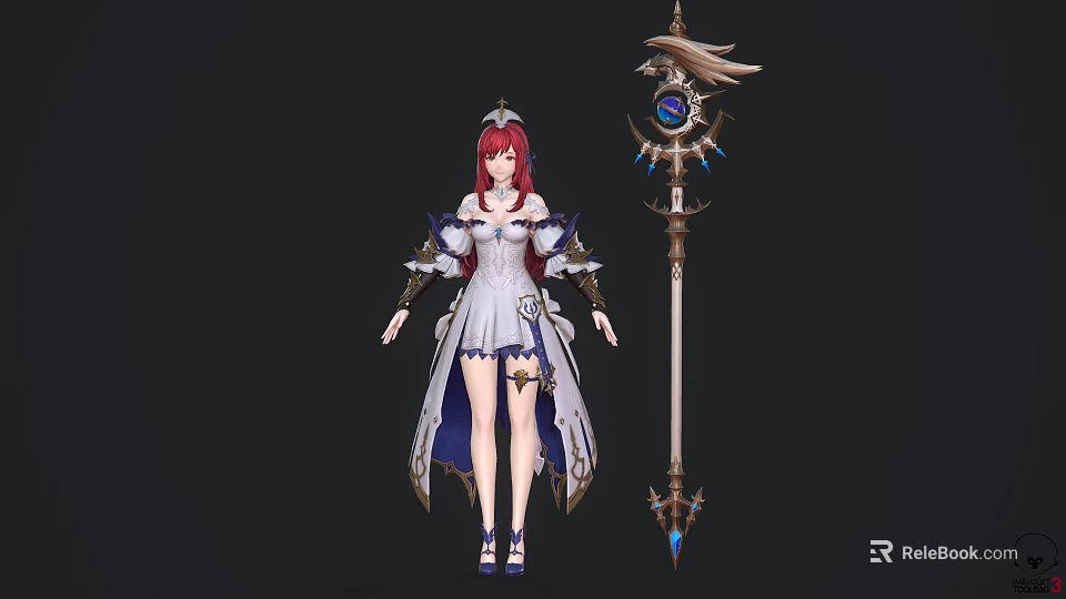 Detailed Fantasy Game Character With Red Hair White And Purple Robe Headpiece And Decorative Staff 3d model 