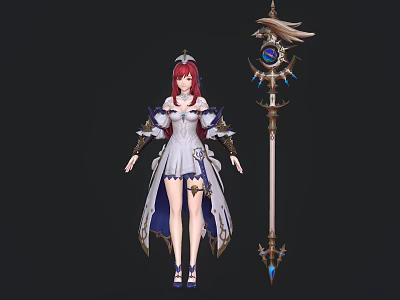 Detailed Fantasy Game Character With Red Hair White And Purple Robe Headpiece And Decorative Staff 3d model