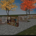 Outdoor Scenic Wall Design With Colorful Squares Red Yellow Trees And Stone Pavement