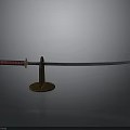 Traditional Samurai Sword With Red Black Handle And Metal Display Stand