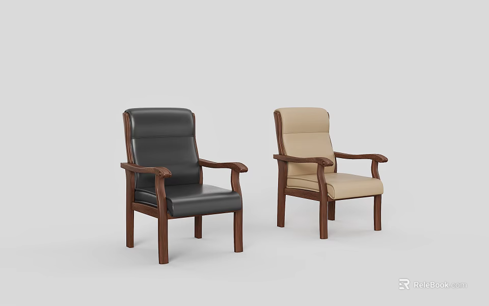 Modern Office Chairs In Black Leather And Beige Fabric With Wooden Arms And Legs 3d model 