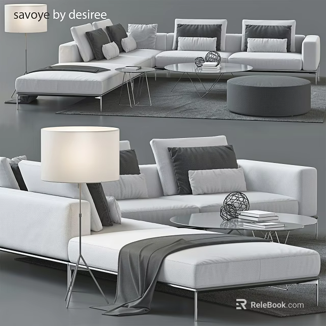 Modern White Sofa Coffee Table Set With Gray Pillows Glass Top And Ottoman 3d model 