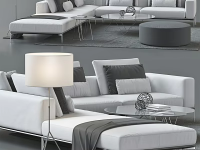 Modern White Sofa Coffee Table Set With Gray Pillows Glass Top And Ottoman 3d model