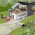 Outdoor Container Building Lounge Area With Lawn Tables Chairs And Decorative Lights