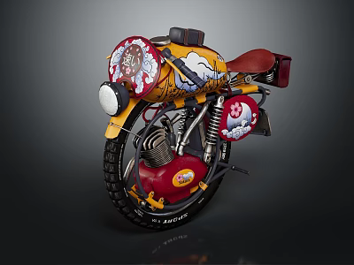 Custom Yellow and Red Motorcycle with Artistic Designs and Red Seat and Black Wheels 3d model
