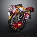 Custom Yellow and Red Motorcycle with Artistic Designs and Red Seat and Black Wheels