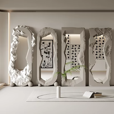 Modern Irregular Shape Mirrors With Stone Texture And Hollowed Patterns In Interior Design 3d model