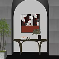 Modern Wooden Console Table Interior With Abstract Wall Art And Green Plant