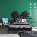Kids Bed With Mickey Ear Headboard Green Wall Blue Chair Paper Crane Decorations Colorful Pillows