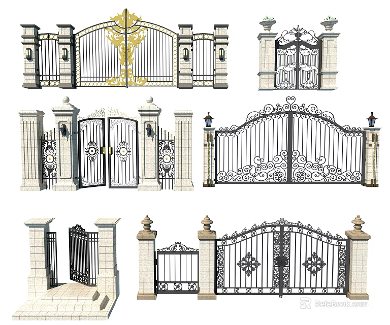 Ornate Iron Entrance Gates With Decorative Stone Pillars And Intricate Carvings 3d model 