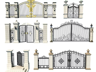 Ornate Iron Entrance Gates With Decorative Stone Pillars And Intricate Carvings 3d model