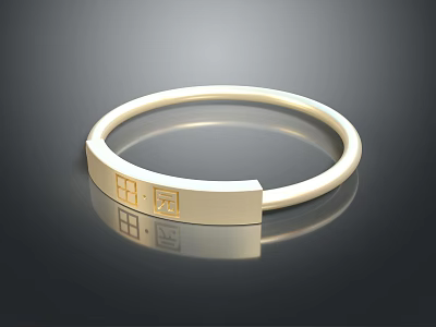 Elegant Minimalist Gold Bracelet With Square Engraved Plate And Smooth Circular Band 3d model