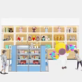 Toy Store Display Shelves with Stuffed Toys Books and Illuminated Lighting for Kids Browsing Products