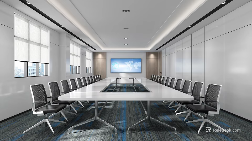 Modern Conference Room Interior Design With Long Conference Table Office Chairs And Large Screen 3d model 
