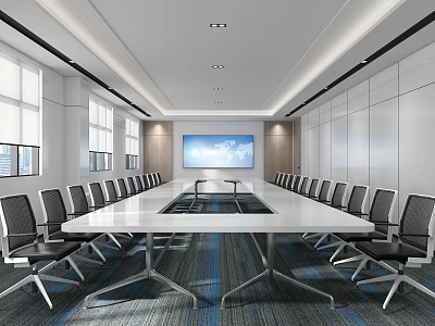 Modern Conference Room Interior Design With Long Conference Table Office Chairs And Large Screen 3d model